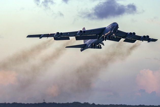 An Air Force B-52H Stratofortress takes off from Andersen Air Force Base in Guam. USAF