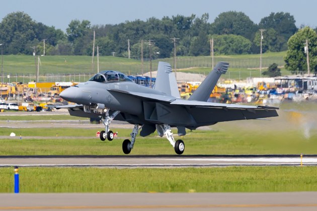 A new-build Block III F/A-18 Super Hornet takes off from Lambert International Airport in St. Louis. In comparison, service life modification Block IIIs are upgraded Block II Super Hornets. 

Credit: Boeing