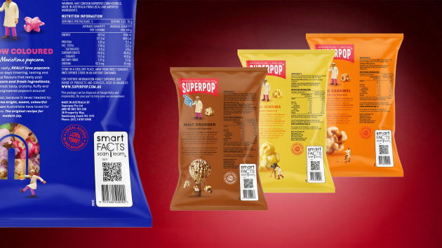 The new Superpop packaging incorporates GS1 2D barcode with SmartFacts on pack. Packaging created by The Edison Agency. Image courtesy of The Edison Agency.