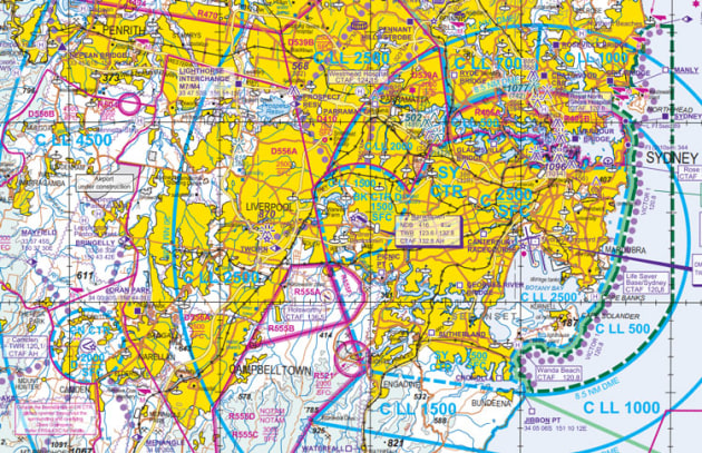 A Sydney VTC section showing the existing VFR entry lanes to Bankstown Airport. (Airservices Australia)