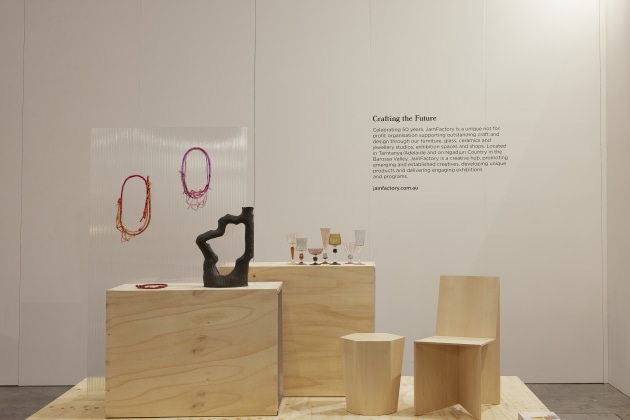 Installation view of jam JamFactory. Australian. Made at Melbourne Design Fair 2023 from 18-21 May at Melbourne Convention and Exhibition Centre, part of Melbourne Design Week 2023. Takeshi Iue chair and side table in foreground. Photo: Lillie Thompson