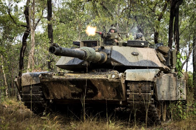 An Australian M1A1 Abrams tank fires its Browning .50 cal during an assault as part of Exercise Hamel 2018.
Defence