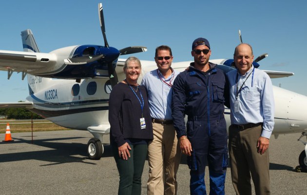 The first P2012 to enter service was delivered to Cape Air in Massechusetts. L-R Cape Air president Linda Markham, Senior VP Jim Goddard, ferry pilot Giovanni Pascale and Cape Air CEO Dan Wolf. (Tecnam)