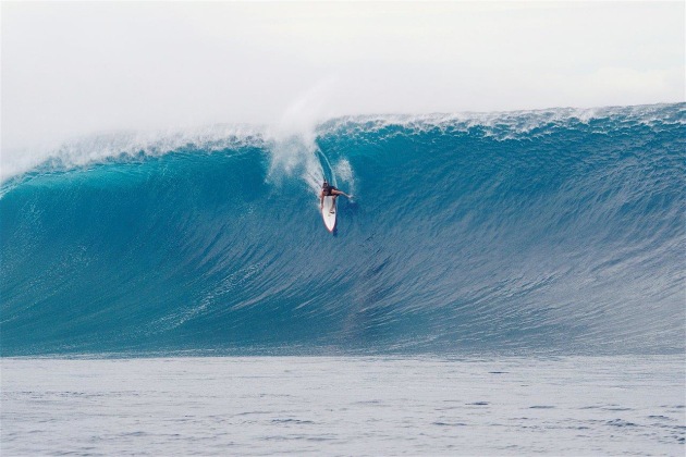 &copy; Ted Grambeau. Laurie Towner making the latest of drops of the swell of the year at Cloud Break Fiji. Laurie was greeted by round of applause by the whole line up that consisted of the world's best big wave riders. The wave was during swell saw some of the biggest waves ever ridden at famous Fijian reef.