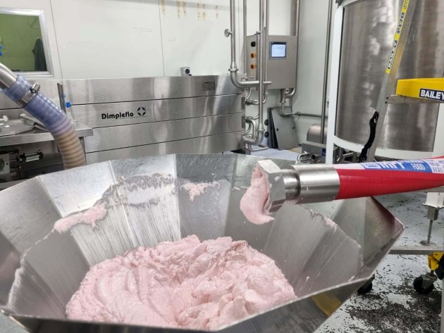 Dip manufacturing, chilled from 80&deg;C to below 4&deg;C, in a single pass Dimpleflo Tri-Tube HE.