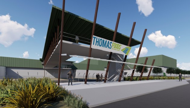 Thomas Food International&rsquo;s meat processing plant in Murray Bridge, South Australia burnt to the ground. But in a paddock, just out of the town, a new plant is rising. Literally. (Source: Thomas Foods International)