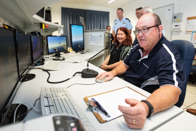 Paul Hanlon of Thales Australia shows Minister for Defence Industry Melissa Price the operation of the Tiger Armed Reconnaissance Helicopter simulator.
Defence
