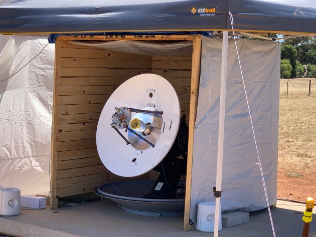 The SATCOM terminal in situ on the Laser Range at DSTG&rsquo;s Headquarters. (Supplied)