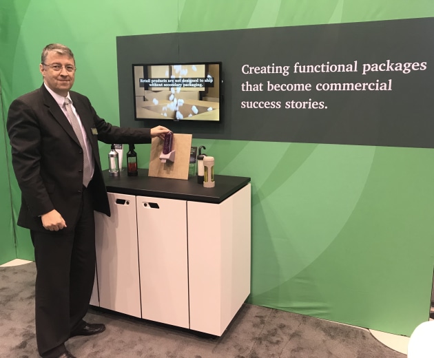 In line with the dominant focus on all things e-commerce, Thierry Fabozzi, president and CEO of PTI showed PKN his patented design for liquid packaging for online retail applications.