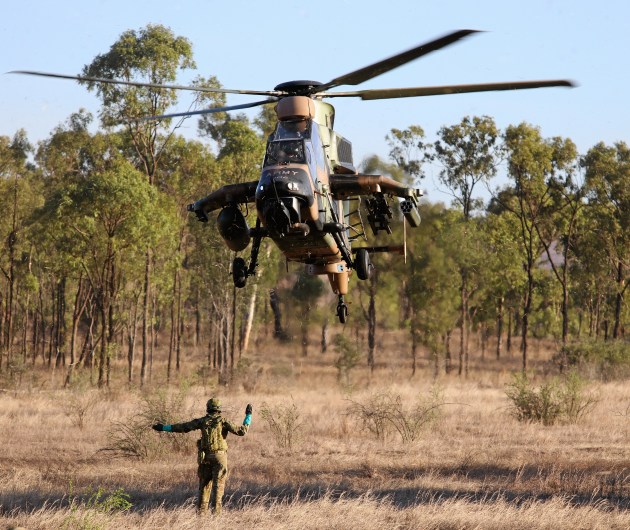 A Tiger ARH from the 1st Aviation Regiment takes off for a sortie in the Townsville Field Training Area during Exercise Vigilant Scimitar 2020. (Defence)