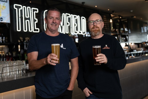 Three Pound Group general manager Tim Mclernon and Little Creatures head brewer Russ Gosling at The Camfield. Image: Lion, Little Creatures