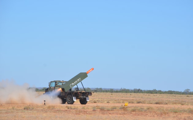 Black Sky Aerospace firing its Australian TM229 training missile from a Mercedes Benz Unimog from its 3-million-acre site in southwestern Queensland. (Black Sky Aerospace)