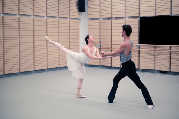 Leanne Stojmenov rehearsing with Andrew Killian.
Photo: Kate Longely