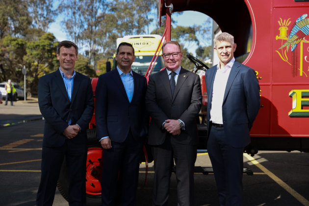 At the official commissioning of Arnott's automated distribution centre at its Huntingwood site in Western Sydney. L-R: Arnott&rsquo;s Group director of Procurement and Logistics, Tim Vicars, Member for Prospect, Dr Hugh McDermott, Arnott's CEO George Zoghbi, and director of Supply Chain, Tim Morgan.