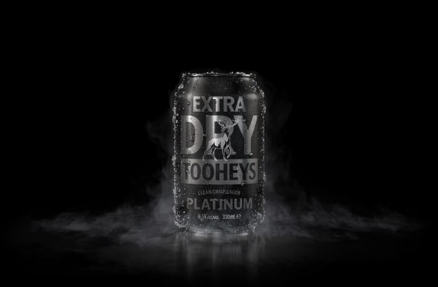 Tooheys Extra Dry Platinum will relaunch with a new monochrome black 330ml can format. Image: Lion