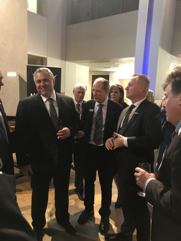Aust Ambassador to the US Joe Hockey, managing director of Tasmanian company Pivot Maritime International Jeffrey Hawkins, and Tasmanian Minister for Defence Industries Jeremy Rockliff. Credit: DPAC Tasmania