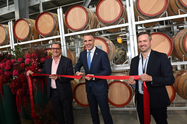 At the opening of TWE's Barossa wine production facility: CEO Tim Ford, South Australian Premier Peter Malinauskas, and TWE chief supply officer Kerrin Petty. 

More than 100 million litres of wine will be produced at Treasury Wine Estates&rsquo; new production facility in South Australia&rsquo;s Barossa Valley, said to be the largest in the Southern Hemisphere.