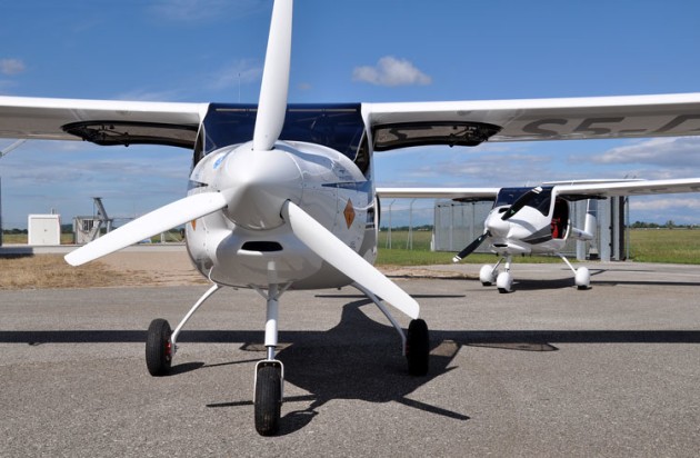 Pipistrel's two certified airframes side by side at Gorizia. (Steve Hitchen)