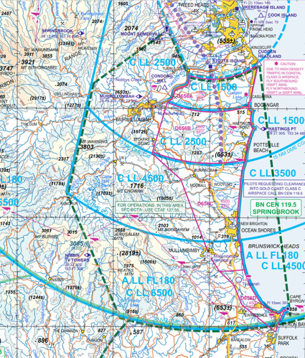 The 2 December 2021 Gold Coast VTC section showing the new broadcast zone at Tyagarah within the green dotted line. (Airservices Australia)