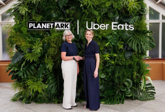 Partnership in packaging: Planet Ark CEO Rebecca Gilling and Uber Eats GM ANZ Bec Nyst. Photo: Caroline McCredie