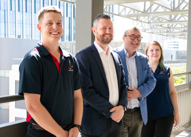 UniSA Vice Chancellor Prof David Lloyd with Nova Group CEO Jim McDowell, along with UniSA graduates & now Nova employees Paul Summerton and Katrin Horsey.
Supplied