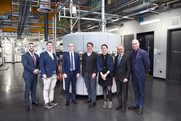 Pictured L-R: Joshua Sherman, UNSW; Martin Rowse, Airbus;  Richard Franklin, Airbus; Professor Ned Ekins-Daukes, UNSW; Dr Phoebe Pearce, UNSW; Vice Admiral Professor Paul Maddison, UNSW; Warwick Dawson, UNSW. (Supplied)