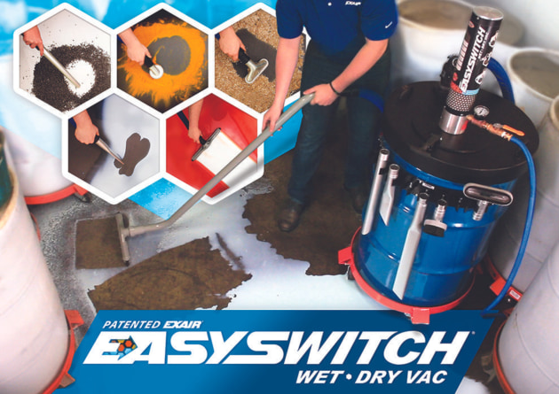 Compressed air-operated products manufacturer, Exair, has launched its new EasySwitch Wet-Dry Vac, a vacuum that simplifies the filter change process when switching from a dry material to a liquid.
Source: Exair