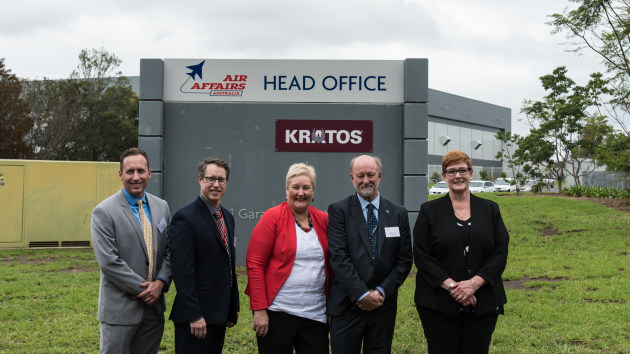 Marise Payne, Chris Sievers of Air Affairs, Ann Sudmalis, Jared Ethier and Ryan Brown. Credit: Kratos