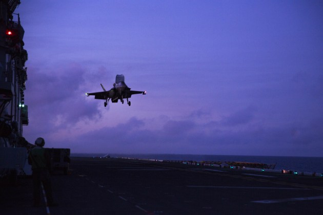 An F-35B Lightning ll fighter aircraft prepares to land on the flight deck of the USS Wasp, which is participating in Talisman Sabre 2019. Credit: US DoD