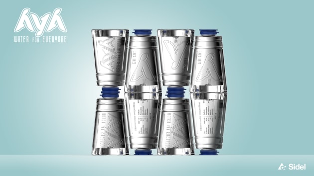 The Aya bottles are designed to be stacked efficiently.