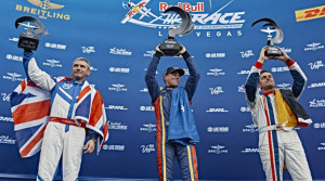 Matt Hall (centre) celebrates his Red Bull Air Race win in Las Vegas, with second placed (and series winner) Paul Bonhomme of England and German Matt Dolderer, who placed third in Las Vegas.