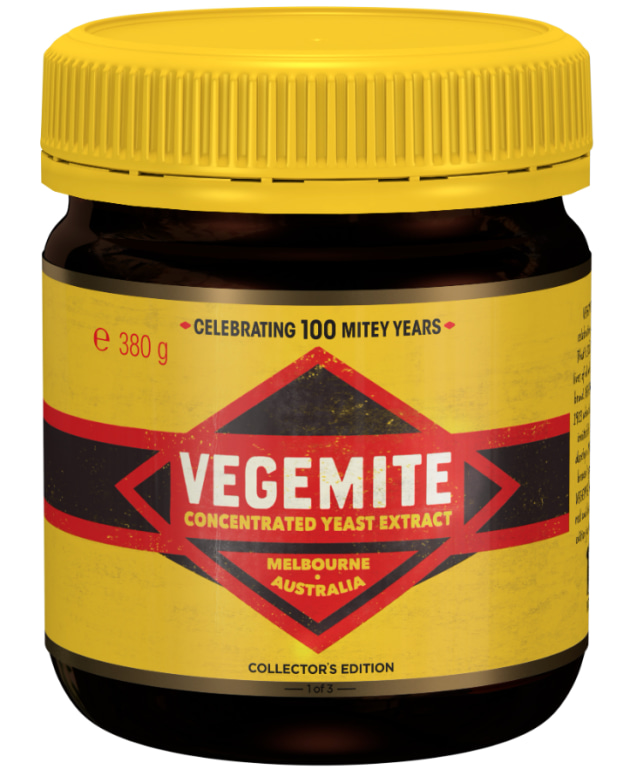 This anniversary jar is inspired by the first jar of Vegemite that hit the shelves with a red and black label. Image: Bega