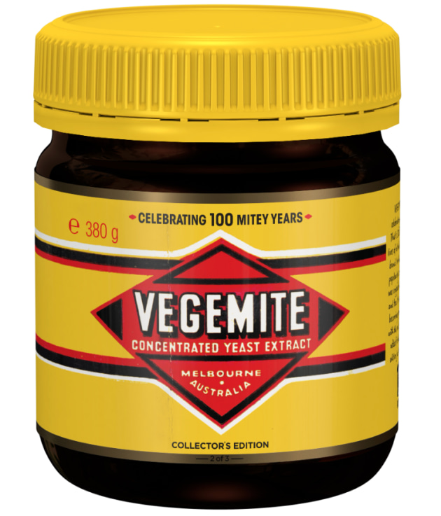 In the 1930s, Vegemite was well on its way to becoming a pantry staple. In line with the era, Art Deco stripes were added to the label. Image: Bega
