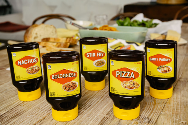 The Vegemite Mitey Meals labels range is also available in the Squeezy range. Image: Bega