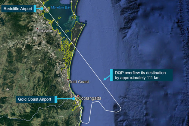 DQP overflew Redcliffe by 60 nm. (Google Earth image annotated by the ATSB)