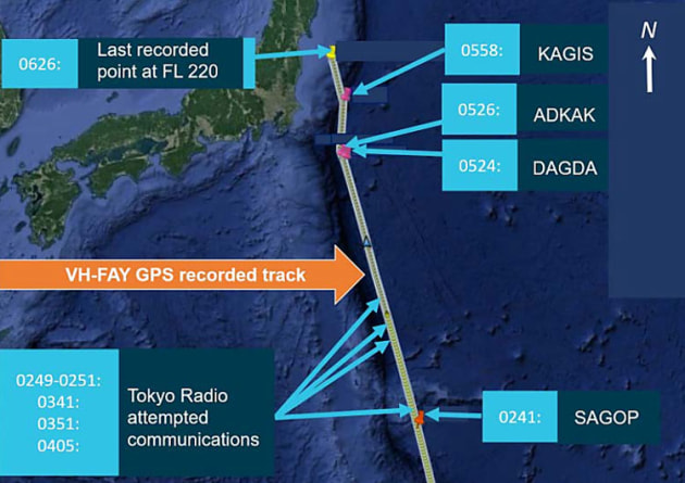 The final track of VH-FAY before it crashed into the ocean off Japan. (ATSB)
