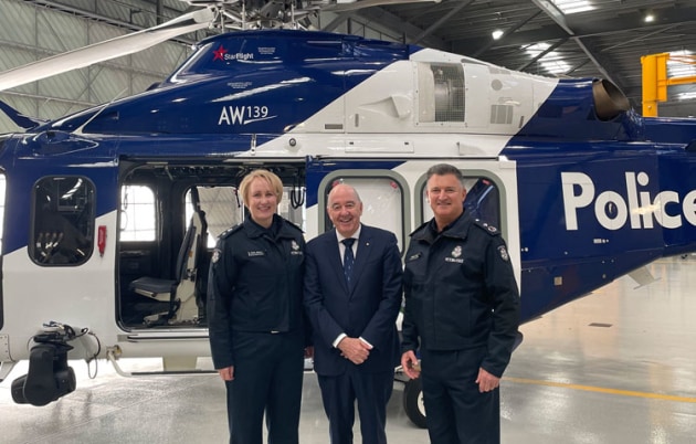 Victoria Police's AW 139s have logged 10,000 in the air. Pictured with one of the three aircraft are Specialist Response Division Acting Superintendent Kelly Walker, StarFlight Victoria Director Rob Borbidge AO and Acting Deputy Commissioner Bob Hill. (LifeFlight)