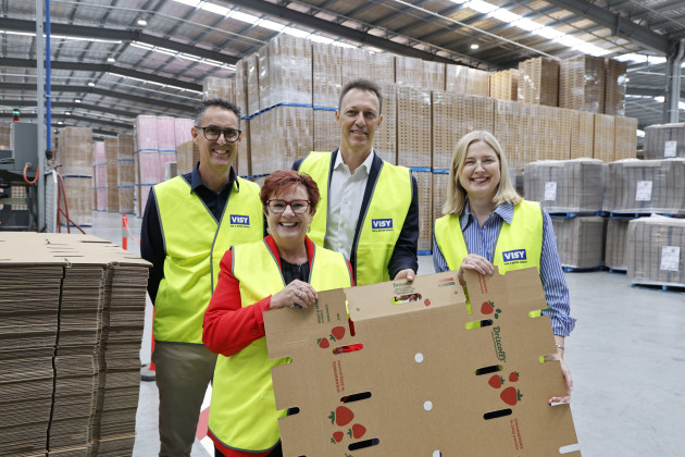 Pictured inside Visy&rsquo;s Tasmanian Packaging Hub in Devonport (l-r):   Visy Tasmania area manager Tony Simpson; Tasmania MP Anne Urquhart; Visy CEO Mark De Wit; and Australian Minister for Agriculture Fisheries and Forestry, Julie Collins