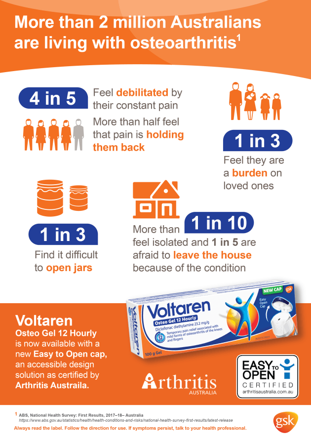Design for Voltaren Osteo Gel 12 Hourly Easy Open cap certified by Arthritis Australia