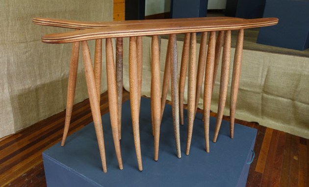 Ross Annels, Walking Table. 'Craft - the joining of hand and heart and soulful skill - can re-join our ancient and damaged connections to natural places.' Local timber species are joined in bent laminations, in turn joined to form a table surface, with turned and steam-bent legs joining the table to the earth.