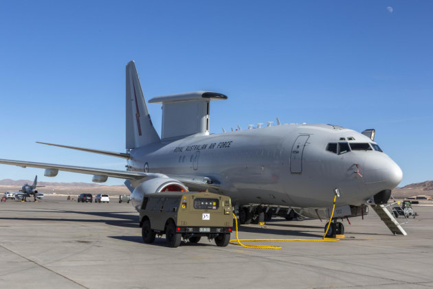 An E-7A Wedgetail from Number 2 Squadron sits on the tarmac at Nellis Air Force Base.

Credit: Defence