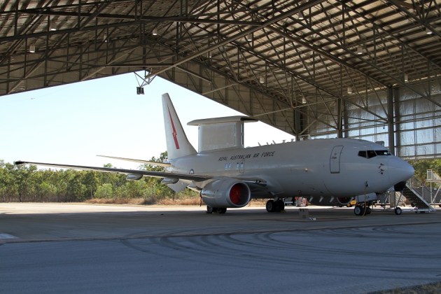 An E-7 Wedgetail sitting under cover during Ex Pitch Black. Nigel Pittaway