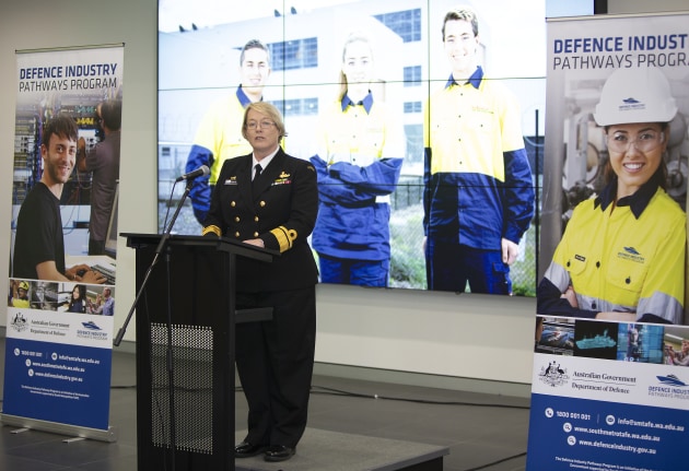 Head of Maritime Systems Rear Admiral Wendy Malcolm speaks at the launch of the Defence Industry Pathway Program in CIVMEC at Henderson shipyard. (Defence)