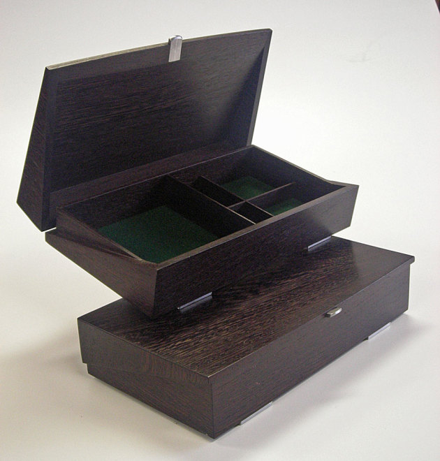 The finished &lsquo;chocolate-box&rsquo; inspired boxes made by Leo Sadlek from wenge and stainless steel.