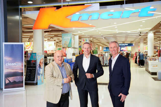 L to R: Chris Foley (Head of Energy and Environment), Mick De Brenni (Queensland Energy Minister), Darryl Rowell (Interim CEO CleanCo Queensland) at Kmart Mt Gravatt