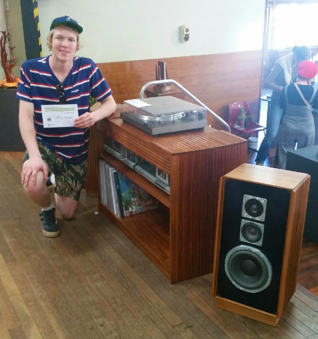 Wootha Prize 2019 First Prize Winner (Open), William Bayliss, The Torrent Hi-Fi Cabinet and Speakers, blackwood. "The Torrent Hi-Fi Cabinet and Speakers are made to display vintage hardware tastefully in a contemporary style. The piece is made from figured Tasmanian blackwood in both re-sawn veneer and solid timber sections with timber movement in mind. The fluting along the radius that is carried on through the top highlights the curved sides of the cabinet. Furniture as well as music both can evoke emotion and can also be enjoyed as an experience."