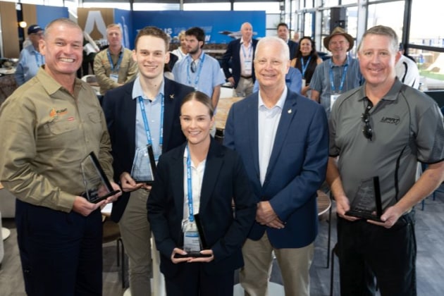 The 2024 CASA Wings Awards were presented in a single ceremony at Avalon 2025. L-R: Cameron Marchant, Lachlan Hyde (for RACNSW), Georgie Arnold, CASA Chair Mark Binskin and Jeremy Miller. Missing: Panair. (Anthony McKee)
