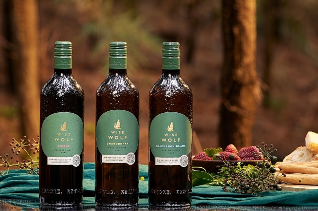 The bottles in the Wise Wolf by Banrock Station range are made with 91 per cent recycled glass. Image: Accolade Wines