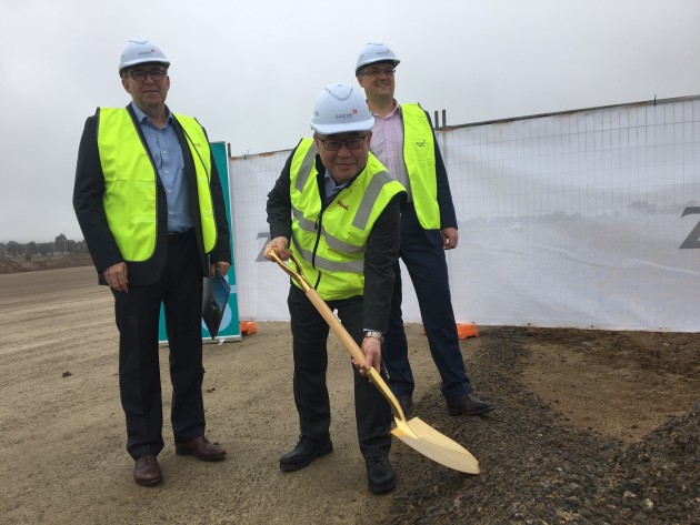 Turning the sod on the $140m greenfield investment: (L-R) Chris Daly, Opal Executive General Manager &ndash; Packaging, Matt Iizuka, Opal CEO, and Wodonga Mayor Kev Poulton. Image: Opal Group