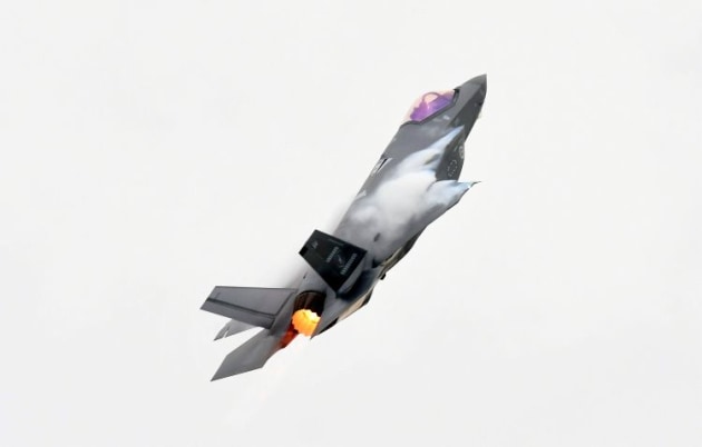 The F-35 takes up the vertical in front of the crowdline. (Steve Hitchen)